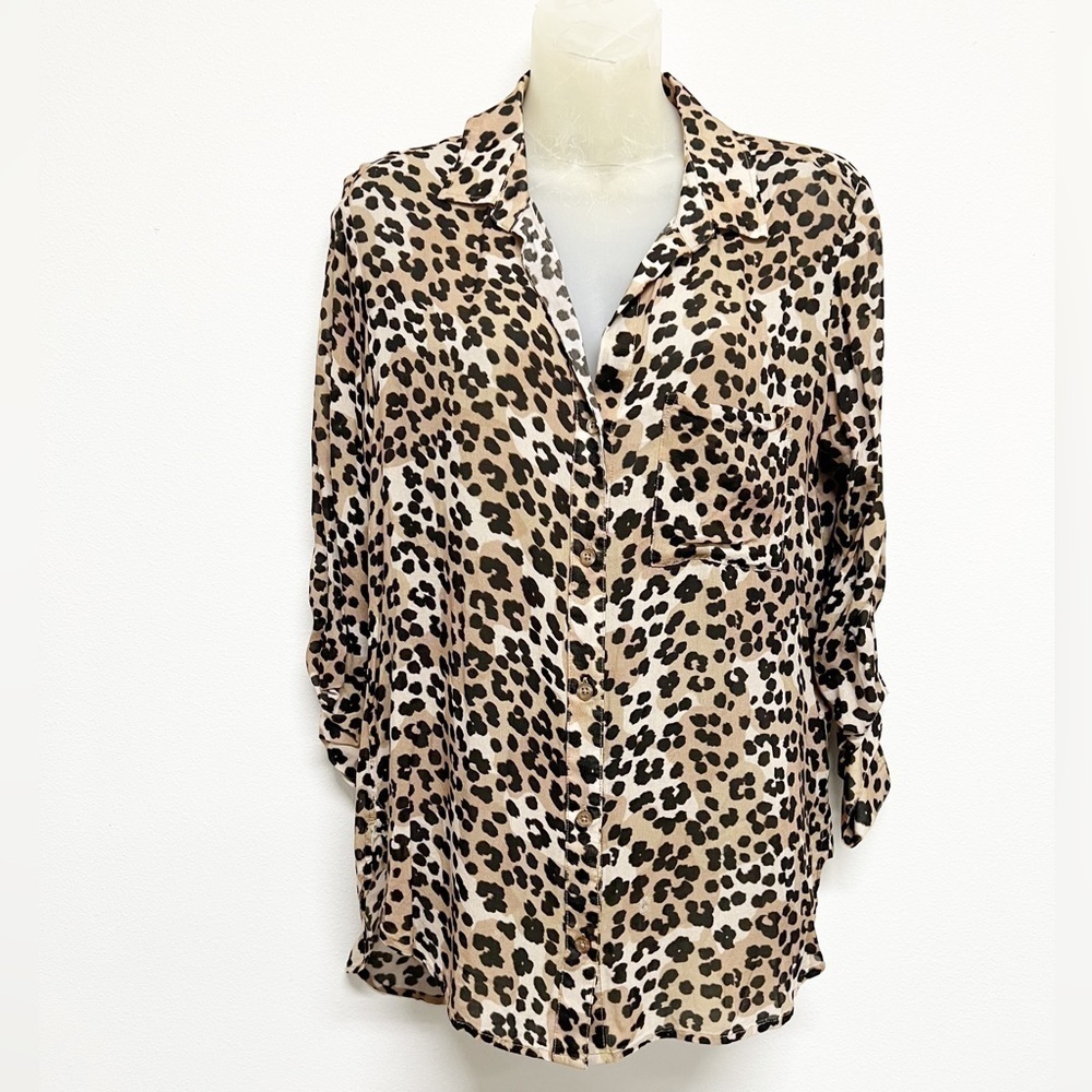 Anthropologie Cloth & Stone Womens Leopard Print Button Down Sheer Blouse Size M